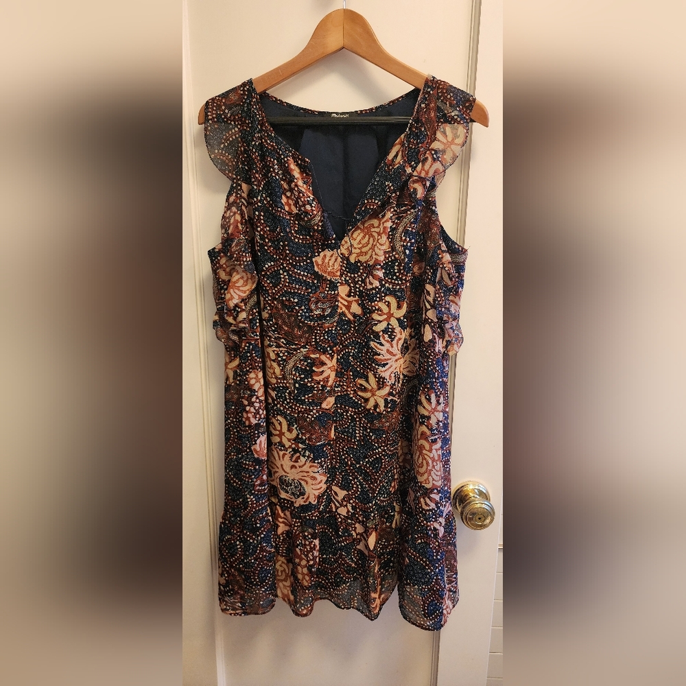 Madewell Navy & Brown Sleeveless Floral Ruffle Dress